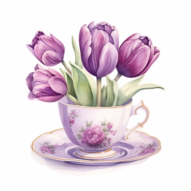 watercolor painting, purple tulips in teacup clipart, beautiful teacup clip art, fancy teacups, delicate little teacup, victorian