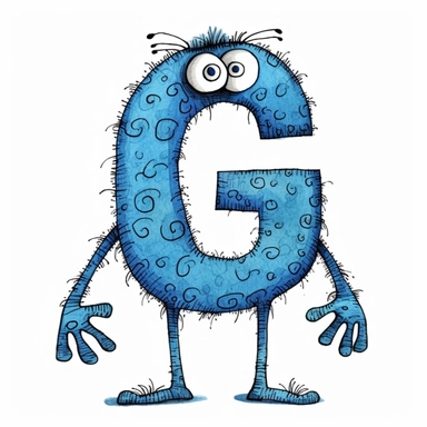 clipart style blue letter G with black line, with arms, legs and friendly cute face for children, isolated, white background,