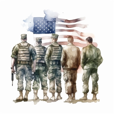 Watercolor painting clipart of Illustrating multiple soldier standing in solidarity, with their arms around each other, in front of a large American flag. This theme represents the unity and support within the military community. White background