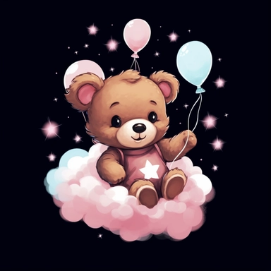 Cute Simple Cartoon Brown Baby teddyBear sitting on a cloud smiling wearing a pink bib and holding white and pink balloons, clipart, black background