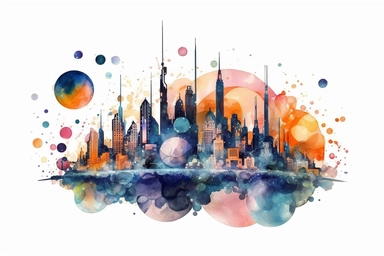 Watercolor, Imagine a planet with a cityscape made entirely of interconnected, floating bubbles clipart, hd, on a white background, spaced out