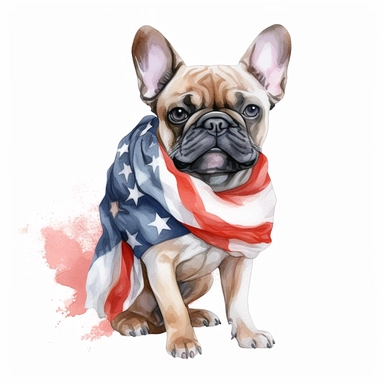 realistic watercolor of a French Bulldog wering a american flag scarf, vector free clipart illustration, in the style of unreal engine 5, 32k uhd, detailed features, white background