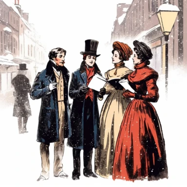 Christmas Carollers in Regency winter clothes singing Christmas carols on a vintage English street, clipart with a white background, minimalist background, clearly defined separate image, high quality, vintage style--ar3:4-no mockups, watermarks, numbers, writing, letters--q2--v5.1--s1000