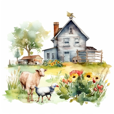 watercolor farm house clipart with meadow and some animals, white background, no comment, 8k