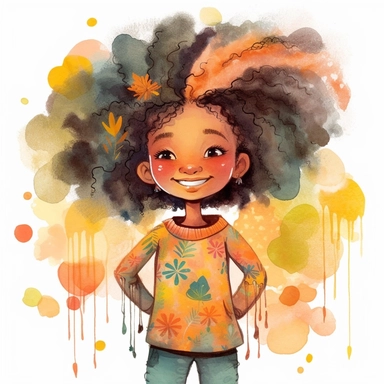 A joyful clipart portraying an African American girl with a charmingly textured hairstyle, adorned in fashionable and whimsical garments, set against a high-resolution and grey background, brought to life with the vibrant colors and free-flowing brushstrokes of a watercolor art style,