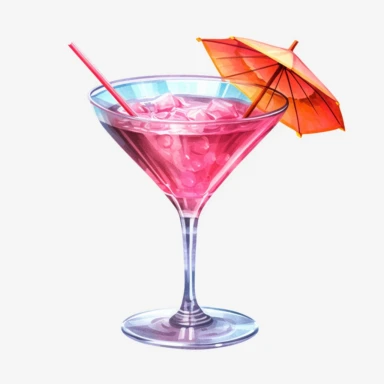 Watercolour realistic cosmopolitan cocktail in cocktail glass with cocktail umbrella and straw beautifully detailed realistic cosmopolitan cocktail , PNG image,transparent background ,ultra highly detailed, 18k, sharp focus, bright photo with vibrant colours, digitally enhanced,photographic, enhanced graphics, png format, straight, sharp focus, bright lighting, intricate detailed png image ,high definition,300dpi,graphic clipart,computer graphics
