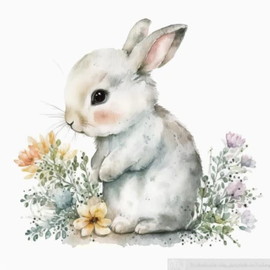 cute, little white bunny carrying flowers clipart, watercolor, white background, Nursery Art