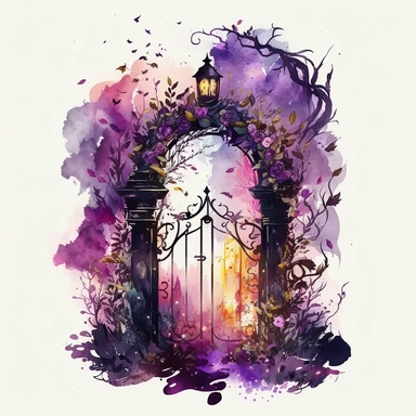 wizard garden gate, mystical, magical, gate, potionts, purple colours, mystical flames, watercolour mystical waves, candles, high definition, high quality, clip art, 4K