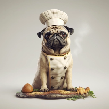 A pug dog dressed as a chef, wearing a chef's hat and holding a Kuàizi in its paws. The image is a hyper-detailed, realistic rendering against a white background in a clip art style. Cinematic in nature, the image shows insane detail with beautifully graded color visuals. It is created using the Unreal Engine, incorporating depth of field (DOF), super-resolution and megapixel techniques. The lighting is cinematic, utilizing anti-aliasing (FKAA and TXAA), real-time ray tracing (RTX), and screen-s