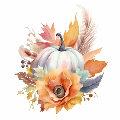 clipart, watercolor, fall flower, pastel pumpkin, boho feather, gourd, white background