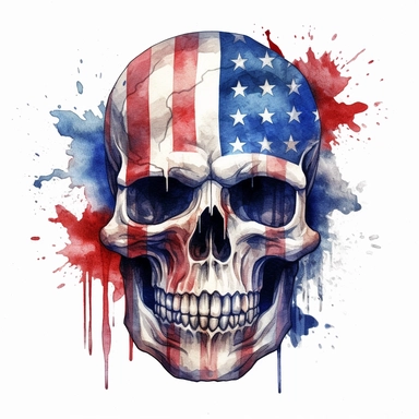 american flag slashed skull, in the style of illusory wallpaper portraits, watercolor, 2d game art, quadratura, poster art, clipart, on white background