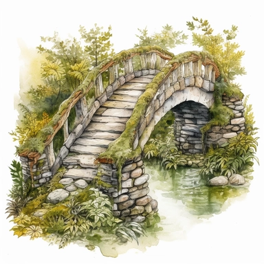 watercolor, hyper realistic, white background, white margins, 16k, ultra detailed clipart, cut out image, hand-drawn, whimsical an enchanted bridge with a moss-covered stone archway and delicate flowers growing along the edges of the bridge.