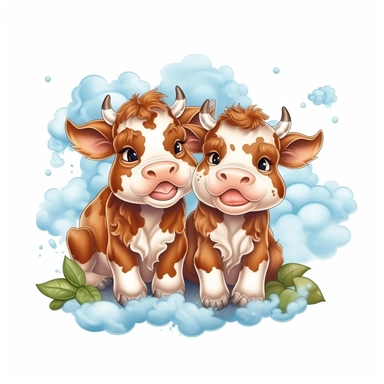 Cute Beautiful Happy Face Couple Baby brown Cow sit on Cloud Sublimation Clipart ,Cartoon,hyper realistic, intricate detail, illustration style,high solution,on the white background