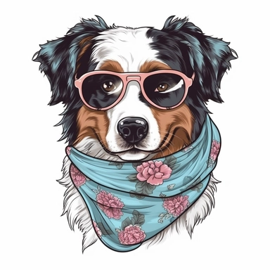 funny kawaii Australian Sheppard Dog with Balenciaga sunglasses and cool bandana or necklaces, cute illustration, clipart, white backgound, Cuttable Design