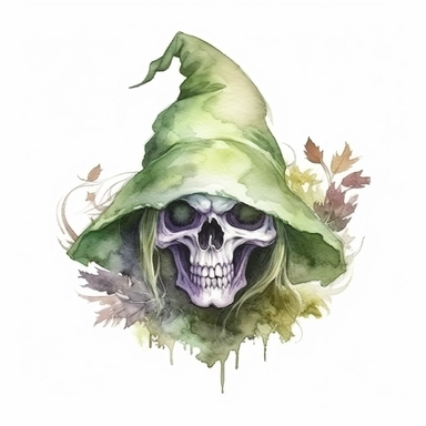 Green witch skull Watercolor, Clipart, isolated on white background