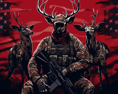deer, rifles and usa flag illustration, red and black, black camo background, clipart, vector image, 2d, trending on artstation,