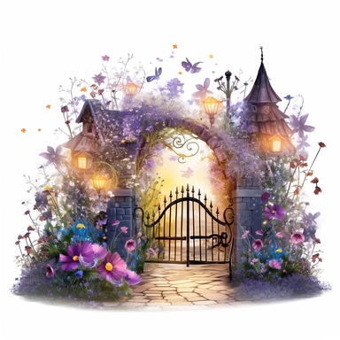 clipart, A charming blur fairy farm gate nestled amidst flowers, with twinkling lights and an inviting entrance, isolated on a white background with a wide margin.