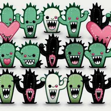 smiling cute evil cactus clip art, birthday, party, teeth, monster, grin, dancing, kissing, hearts, pink, light green, black, intricate details, white background tile