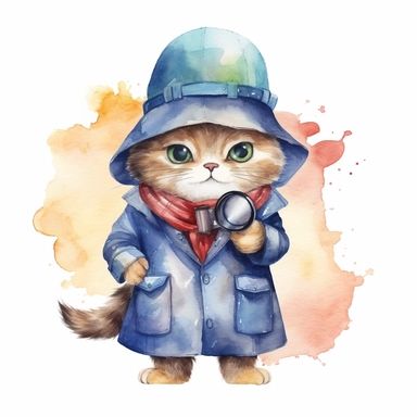 Design a determined watercolor clipart image with a white background, showcasing a persistent cute cartoon cat detective with a detective coat