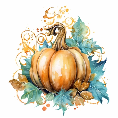 Watercolor velvet boho pumpkin with gold ornate watercolor sitting on pumpkin leaves white background clipart