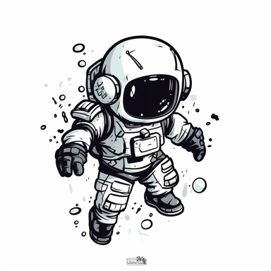 stylized black and white vector graphics, cartoon style astronaut isolated on a white background, created by Brian Kesinger, full-size dynamic action pose, monochromatic, simple and basic and minimalist and flat, thick blue outlines, coloring book page, doodle and silhouette, clipart