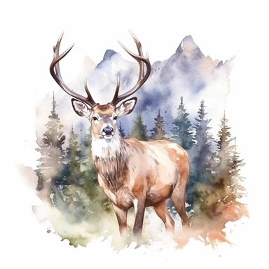 watercolor style, buck deer with the mountain forest in the back clipart, isolated on white background, hd