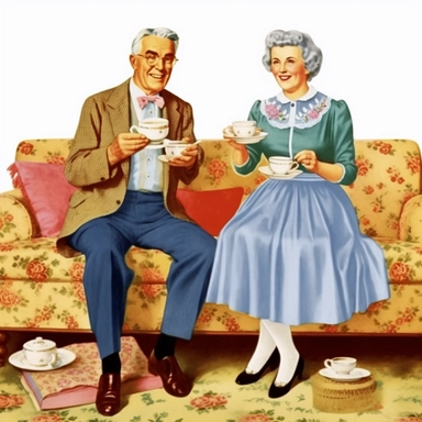 Vintage Illustration, An elderly couple sitting on a couch, probably 60-70 years old, a women with a glass of milk in her hand, cheesy 50s vintage clipart image by cynthia flanders, in the style of traditional costumes, photomontage, Full body view, whitcomb-girls, light indigo, gigantic scale, romanticized femininity, contrasting 8k