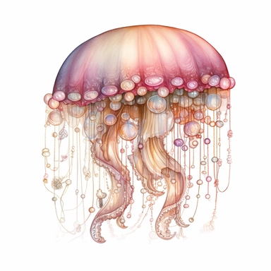 Watercolored pencil style illustration, boho style jellyfish decorated with pearls, pink, beige and silver, isolated on a white background, PNG file clipart style, Dennis Wojtkiewicz, Amanda Clark, Lowell Herrero,