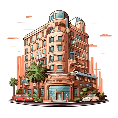 hotel svg clipart, flat drawing, hd on white background, hyper detailed, soft tones spaced out ar 3:2