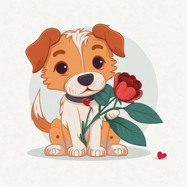mascot flat color cartoon Cute little dog with flower. Happy Valentine's day clipart. cartoon, vector, illustration. white background