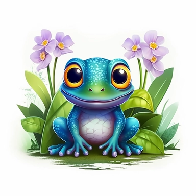 cute blue frog with big round eyes flowers, Illustration clipart, 4K, extremely detailed