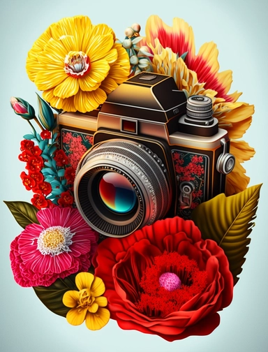 an old fashioned photo camera, 1 photo lens only, surrounded by an intricate arrangement of dramatic extravagant digital 3D red peonies and yellow tiare, in the style of large-scale photography, lush detailing, cartoon style, playfully intricate, made of flowers, bloomcore, tropical ambiant, 8K, clipart, clear background