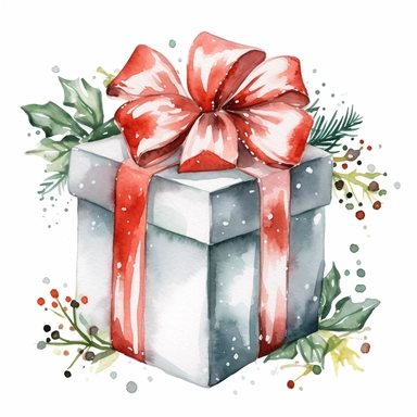 Christmas gift box watercolor illustration. Clipart element on white background