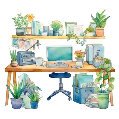 Generate a set of watercolor desk scenes clipart with a cute rustic floral theme for use in planners and workspaces. The clipart should be in PNG format and available for instant download. The scenes should depict cozy and inviting workspaces with elements such as a desk, chair, plants, and other decorative items. The watercolor style should be vibrant and artistic. The clipart should be suitable for commercial use. Please provide multiple variations and angles of the scenes for a diverse select