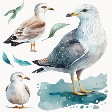 watercolor clipart of a seagull clipart , cute cartoon marine animals, watercolor, watercolor paper texture, no background. clear simple shapes. isolated clipart. Adorable. High quality.