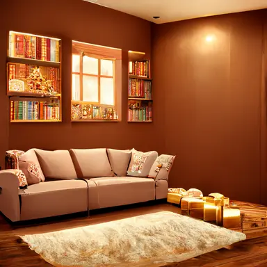 Cozy 3D livingroom, brown furniture, christmas time, bookcase, white walls, high detail, epic detailed, very clear, colors, evironment, hyper realism, high details, octane render, unreal engine realistic, hd, Clean Cel vector art by Kuroko no Basuke , Sailor Moon and A Whisker Away, simple illustration, clipart