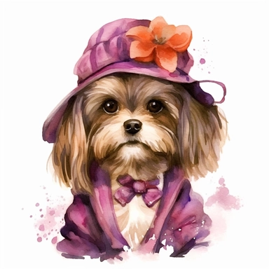 An adorable watercolor clipart of a Doggy Diva wearing a fashionable outfit, chocolate Havanese