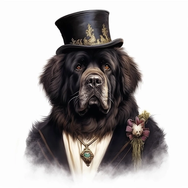 Majestic Newfoundland adorned in an exquisite Victorian-inspired coat, emanating elegance and grace against the pristine white backdrop. Its expressive eyes and gentle demeanor make for a visually stunning Victorian-themed portrait. Clipart, watercolor, white background, intricate detail, unreal engine cinematic smooth. Realistic rendering