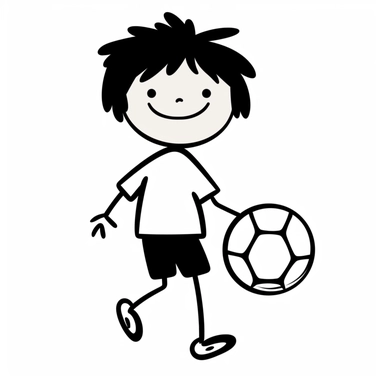 stick figure clipart about a boy stick figure, cute smiling happy, playing ball, only black lines, isolated, low details, oneline art, white background,