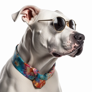 A hyper-realistic Dogo Argentino dog wearing a stylish Hawaiian shirt and cool sunglasses, depicted on a white background in a clip art style. Cinematic, hyper-detailed and insanely detailed, the image is beautifully colored with the help of the Unreal Engine. The depth of field (DOF) effect enhances the visual impact, while the super resolution and high megapixel count ensure exceptional image quality. Lighting is rendered with cinematic precision, incorporating anti-aliasing techniques like FX