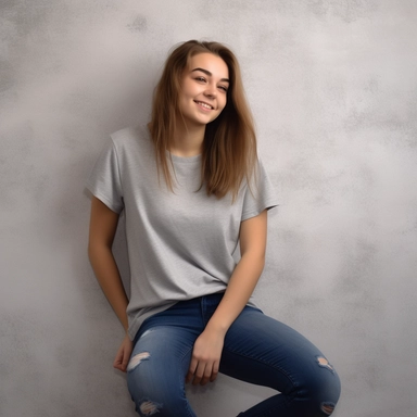 create a stock photo of a girl sitting against a wall with a heather grey shirt on, make sure the shirt can be used to add clipart to, make the face of the model not appear in the frame