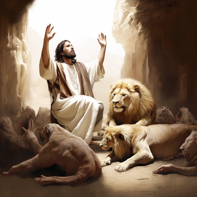 Bible Story of Daniel in the Lions Den on bended knees, hand open looking up praying to God No weapon or anything on his hand} surrounded by hungry lion Photo Realistic oil painting 8K highly detailed isolated on white clipart