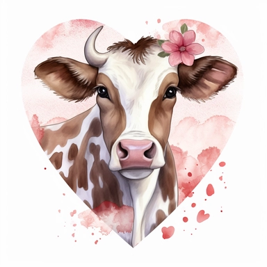 Cow In Heart Watercolor Sublimation Clipart, Clipart, white background, no watermark, no text, no word,