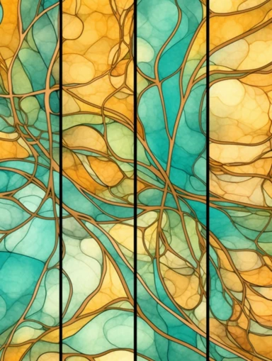 panel of amberwood, clipart, soft, flowing lines, elegant, Art nouveau, teal and amber color scheme, Alcohol ink watercolor, no background