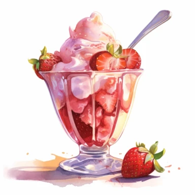 Watercolor painting of strawberry Ice Cream sundae on bright white background clipart. Close - up shot, smudging, wet paint. Goldenhour light, back lighting making nice shadows. Creative and professional composition. Ultra high quality, prize - winning illustration