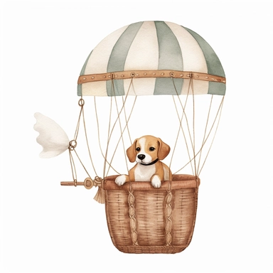 balloon with a basket , Wood Animals, Pilot Clipart, Aviator Clipart, cute sweet baby dog animal Illustrations vintage