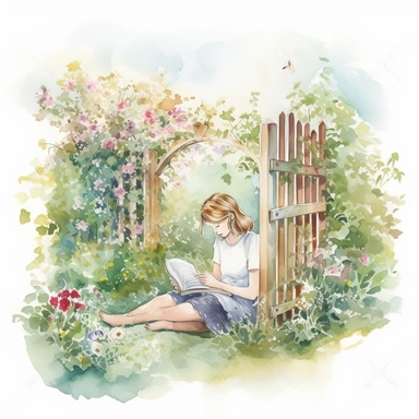 beautiful girl reading in a garden with floral fence, illustration for book lover, in the style of romantic academia, pretty, realistic watercolor paintings, transparent/translucent medium, clipart, isolated on white background, pont-aven school, dusty piles, optical