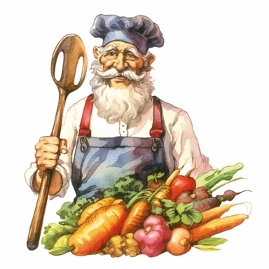 watercolor farmer holding a sign of vegetables and fork stock photo , in the style of realistic depictions, website, animated gifs, colorful gardens, wood, elaborate fruit arrangements, made of all of the above Clipart desert cartoon t-shirt graphic, vector, contour, isolated on a white background