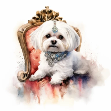 A portrait of a Maltese dog in a regal pose, wearing a jeweled collar and resting on a velvet cushion, showcasing its royal demeanor, with a white background and watercolor clipart.