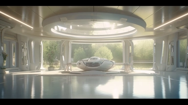 movie clip scene mid day of summer, shimmering lights and shadows over living room studio library and kitchen open concept photographic high definition render, cold blinding shinny white fall light god rays shadows shimmering closeup detail concept art detailed painting with giant spaceship window of a cool industrial living quarters spaceship , huge over window with gorgeous galactic view, happy blade runner android, cool airvehicle cockpit, living bedroom office, droid parts in shinny clothes 
